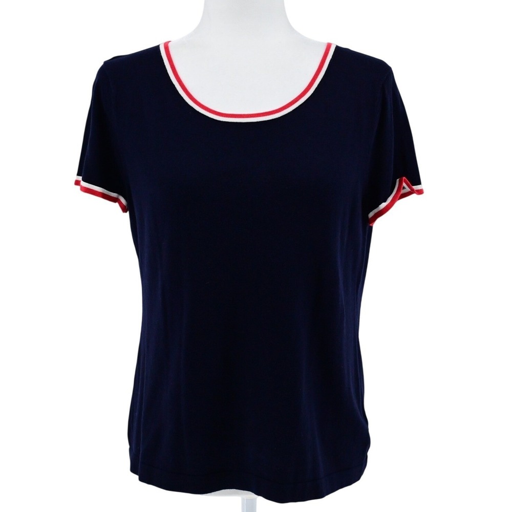 Talbots Preppy Navy Blue Red White Striped Trim Cardigan Shell Twin Set Luxe - Picture 7 of 16